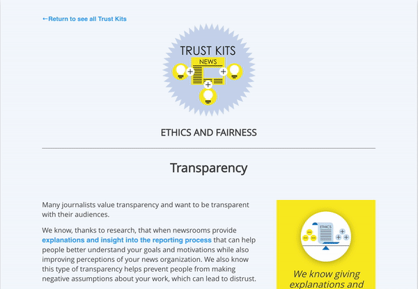 A GIF of a screen recording showing what the Transparency Trust Kit looks like. You can view the Trust Kit at trustingnews.org/transparency.