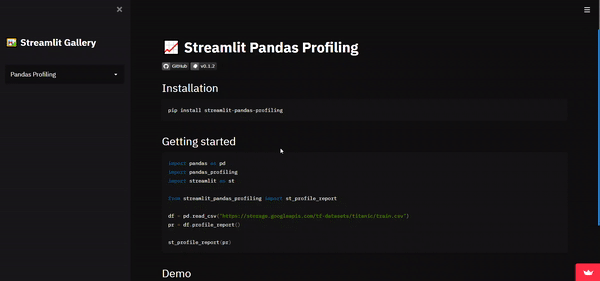 A demo gif of the Pandas profiling Streamlit app demo.