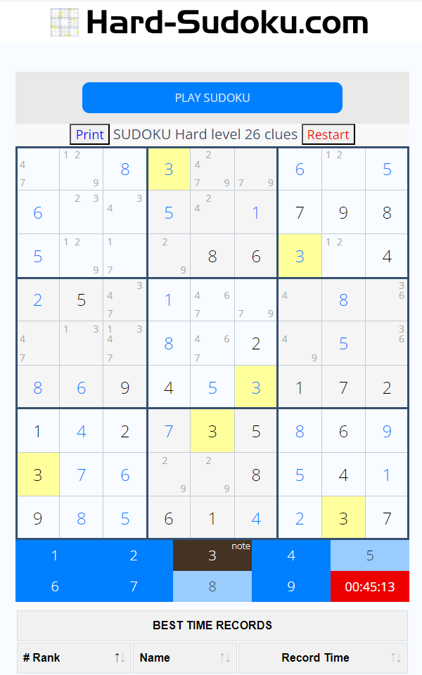 Hard Sudoku web on mobile view