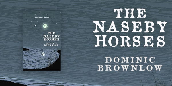 The cover of the novel The Naseby Horses by Dominic Brownslow inset over a grey sky background with the title of the book and the author in white on the right hand side.