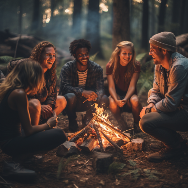 A group of team members sitting around a campfire and sharing stories to connect with each other