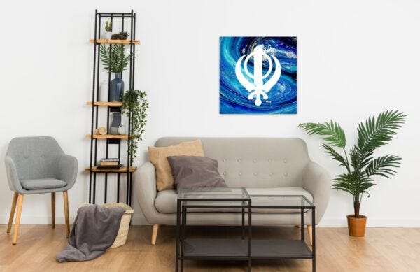 Sikh Wall canvas in a marble effect with a Khanda Symbol in white