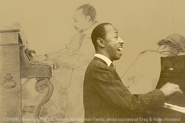 Black jazz musician Freddy Johnson in the foreground; drawing of a man playing the piano by Black artist Josef Nassy in the background