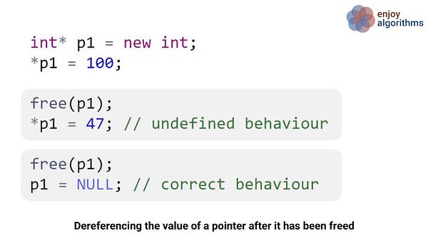 code example dereferencing the pointer value after it has been freed