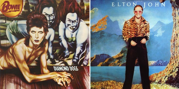 Album covers for Diamond Dogs (1974) — Caribou (1974). Source: Wikipedia.