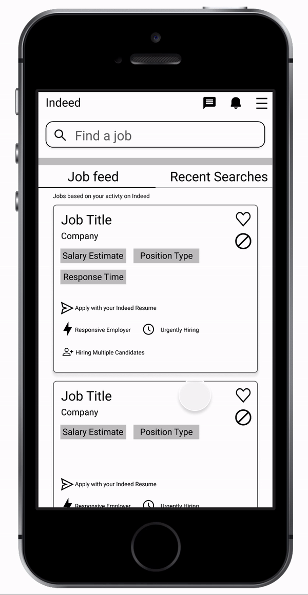 A GIF of the initial prototype in action, going from job search to filter menu.