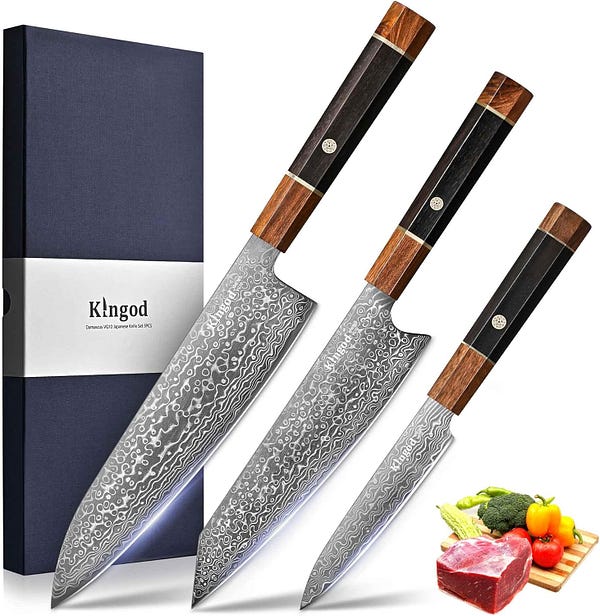 KINGOD Damascus 3-Piece Knife Set, Premium VG10 Japanese Steel Kitchen Knives, Ultra-Sharp Full Tang Professional Chef Knives with Ergonomic Rosewood — Best Knife Sets on Amazon — WALFOSBRAND.COM