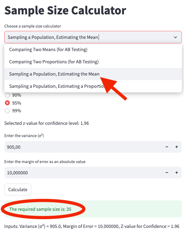 App screenshot 4: Calculating the sample size for estimating the mean when sampling a population.