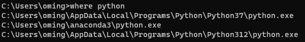 Output of where python command
