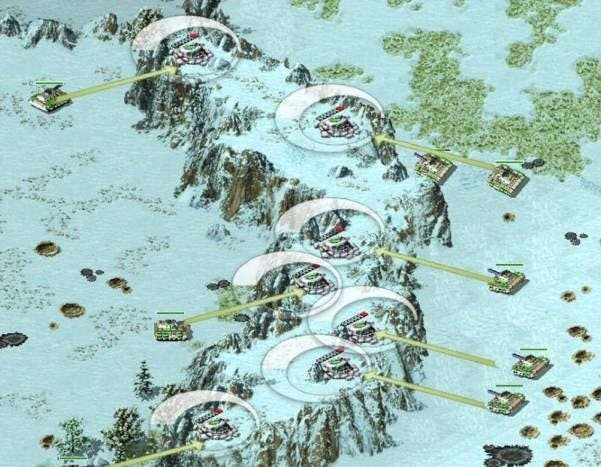 圖片取自網路遊戲攻略，是把碉堡放在小島上的山崖，同時全部兵力破釜沉舟，以應對敵軍攻勢的結果