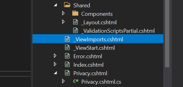 Screenshot showing _ViewImports.cshtml file