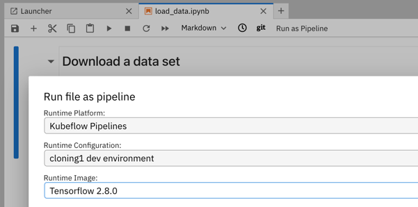 Screenshot of the run-as-pipeline dialog for Jupyter notebooks. Users can only choose Kubeflow Pipelines as runtime. Apache Airflow is not listed.