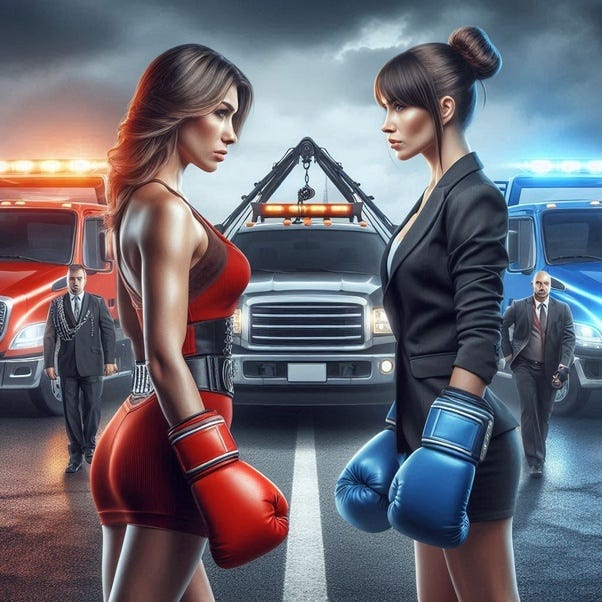 Una mujer de rojo está a la izquierda con guantes de boxeo rojos, pelo suelto, y una grúa roja detrás se enfrenta a una mujer de negro, con guantes azules, y una grúa azul detrás. En mitad hay una grúa negra. Imagen generada con IA.