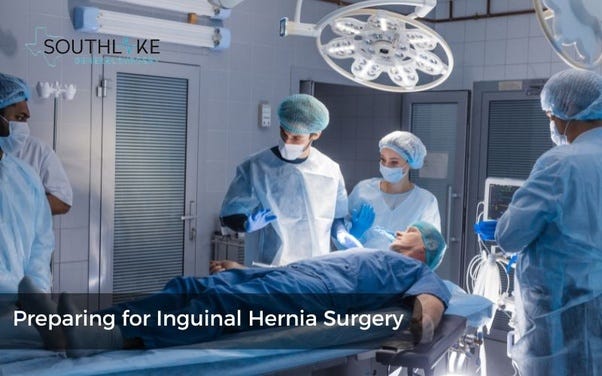Patient in hospital gown preparing for inguinal hernia surgery