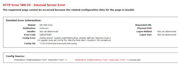 A screenshot of the IIS Error page HTML opened in a browser