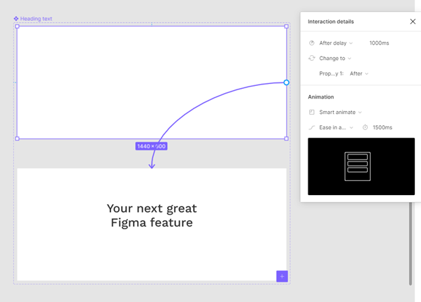 Another example showing how “After delay” and “Smart Animate” were used to animate headline text into view.