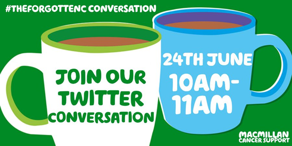 Green background, with two mugs. White mug left says ‘Join our Twitter Conversation’, blue mug right says ’24 June, 10–11am’