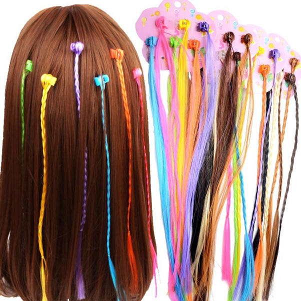 These rainbow hair extensions were made of nylon. It usually came in bright neon colors.