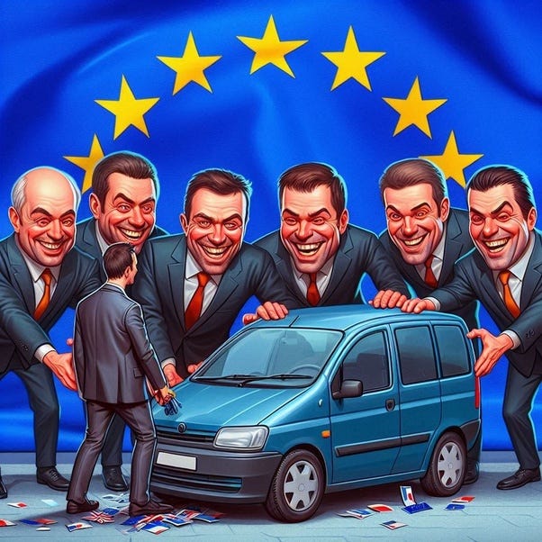 Una panda de burócratas de la UE roba el coche a un ciudadano.