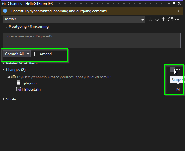 Stage changes in Visual Studio