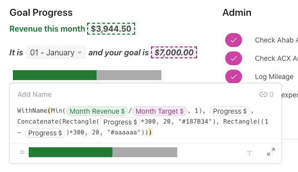 An updated goal tracker and progress bar using the Rectangle formula in Coda.