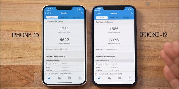 iPhone 12 and 13 perfomance compared with GeekBench Test