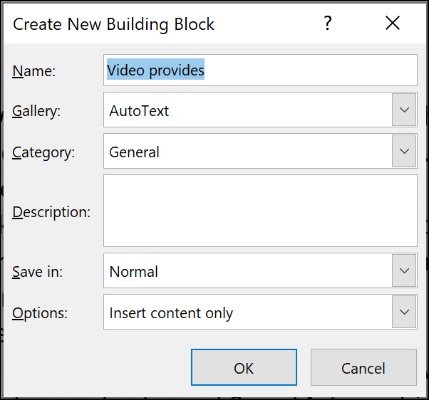 Dialog Box for a new AutoText Building Block