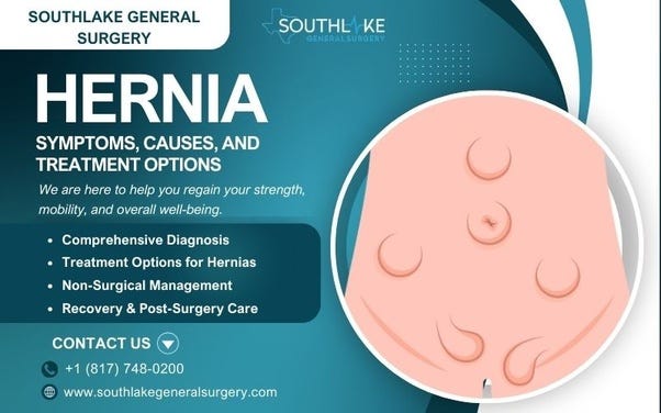 Illustration of a hernia showing tissue pushing through a weak spot in the abdominal wall.