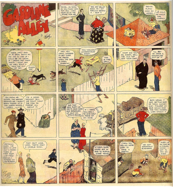 A splash from Frank King’s Gasonline Alley, which takes a typically ambitious global view of a scene within its 12 panels.