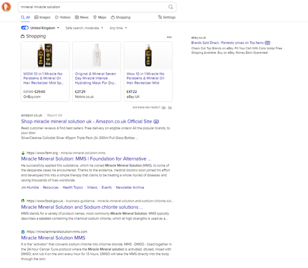 Search engine results from DuckDuckGo for the search term ‘Mineral Miracle Solution’