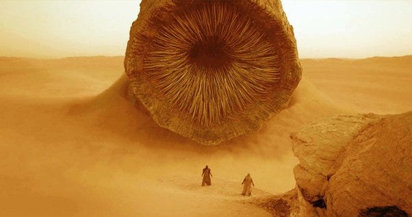 A Giant Sandworm Pokes Out from the Sand, its thousands of teeth shivering in anticipation of Muad’Dib Atreides.