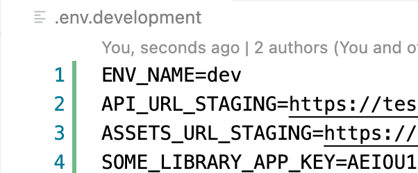 Example: env.development file contains ENV_NAME=dev, API_URL_STAGING=https://somebaseurl.com, GOOGLE_API_KEY=ABCXYZKEY