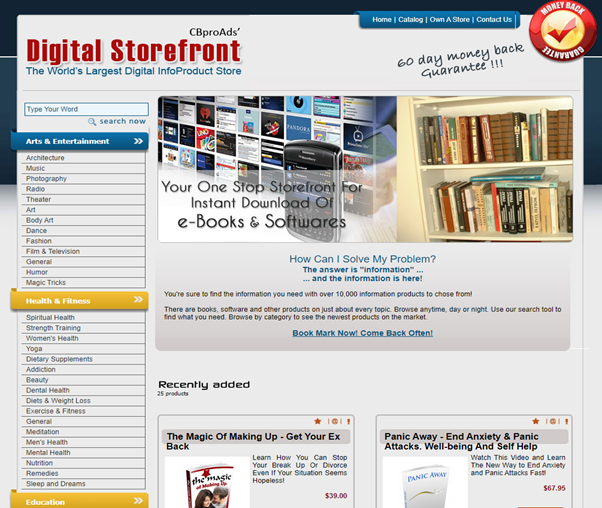 display of a digital storefront with Clickbank