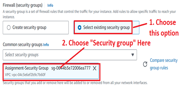 Select the Existing Security Group