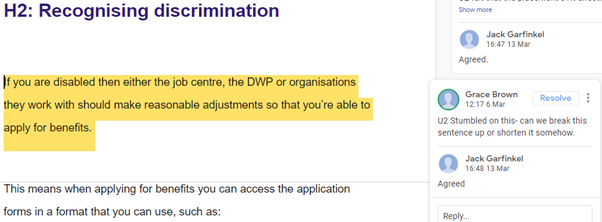 Screenshot of google document with comments from testing participant. Participant says a sentence is hard to read.