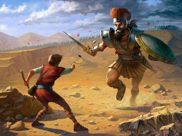 Young David slings a stone towards the giant Goliath.