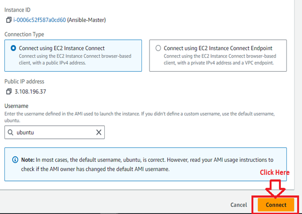 Connect the “Ansible-Master” Instance