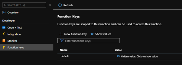 A screenshot of the Microsoft Azure Portal showing the Function Keys of a function app