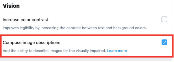 Screenshot of Twitter’s ‘Accessibility’ menu with the ‘Compose image descriptions’ option highlighted and ticked.