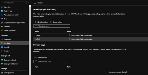 A screenshot of the Microsoft Azure Portal showing the Host Keys of a function app.