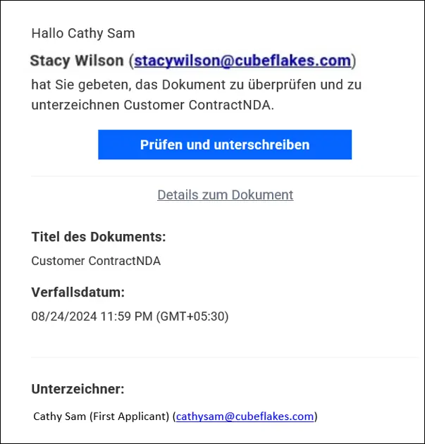 Signing request email in German