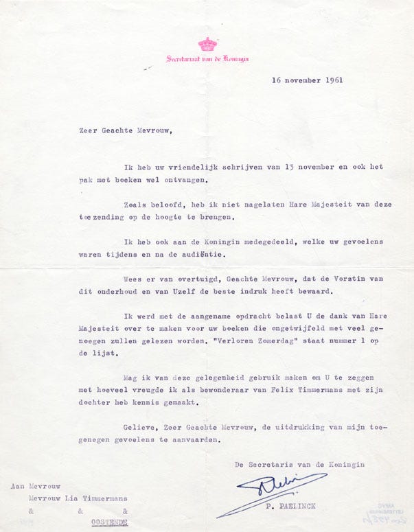 Brief van de secretaris van de koningin Paul Paelinck aan Lia Timmermans, 16 november 1961