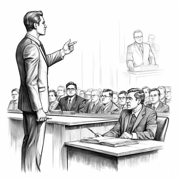 A lawyer in a full house court
