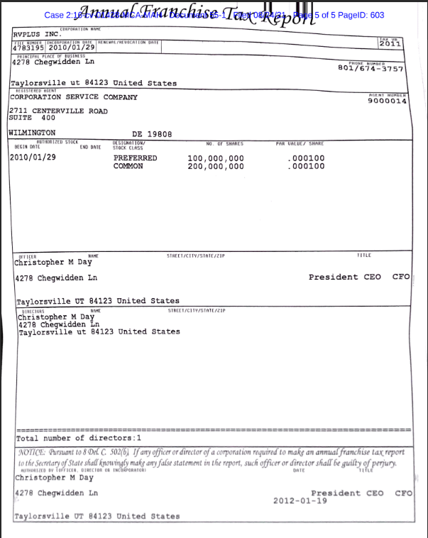 Delaware Secretary of State Confirms Cary Lee Peterson Was Never CEO of RVPlus Inc. (Christopher Day — CEO, President, CFO, Director of RVPlus Inc.)