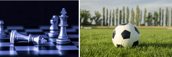 Two images side-by-side. On the left is a closeup of a chess board illuminate with a grey-blue light. On the right is a closeup of a soccer ball sitting on a grass field.