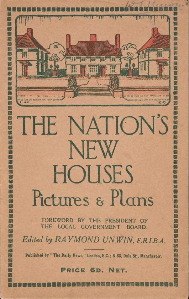 Front cover from The Nation’s New Houses: Pictures and Plans, showing cottage style semi-detached houses in the top half.