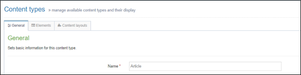 A content type configuration screen with an ‘Elements’ tab and a ‘Content layouts’ tab.