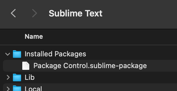 A Finder window sowing the Installed Packages inside the Sublime Text root directory/folder