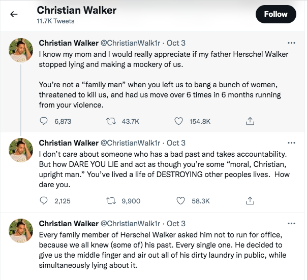 A screenshot of tweets by Christian Walker, Herschel Walker’s son, in which he says his father threatened to kill him and his mother. Photo Credit: Screenshot by author.