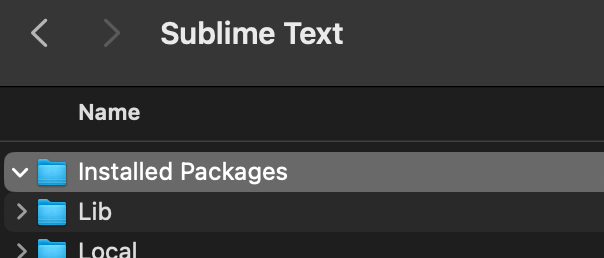Finder window showing that the Installed Packages directory/folder doesn't have the sublime-package file anymore